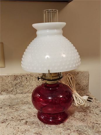 Ruby Red Electric White Hobnail Milk Glass Lamp