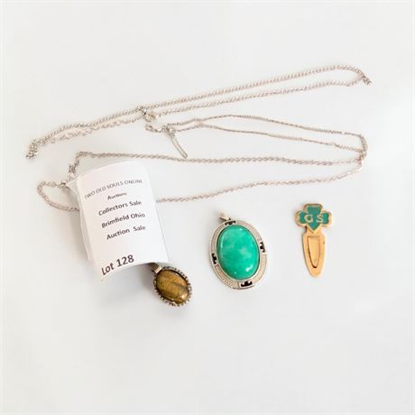 Green Agate Cabochon Stone Pendant, Vintage Girl Scout Bookmark