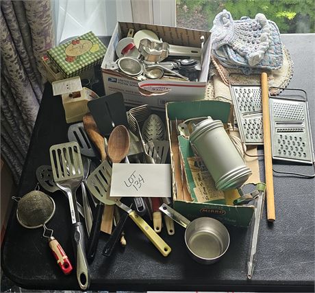 Mixed Kitchen Lot: Utensils, Graters, Mirro Cookie Press, & More