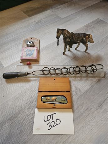 Vintage Mixed Lot- Chinese Ring Puzzle, Wood Bell Ring, Pocket Knife & Metal