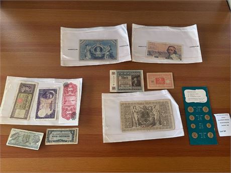 Various Vintage Foreign Banknotes & Coins Germany, Italy, Japan & More