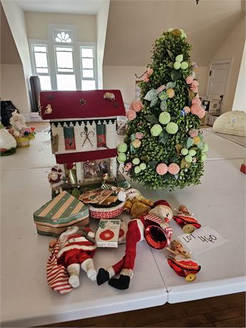 Vintage Christmas Lot: Clay Santa / Spun Cotton / Felt Ornaments & More
