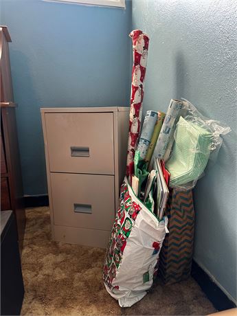 2 Drawer Filing cabinet and wrapping paper lot