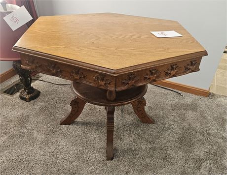 Antique Mission Oak Side Table With Carved Apron & Center Valance