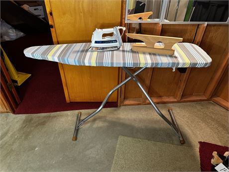 Vintage Wood Iron, Modern Iron, and Ironing Board