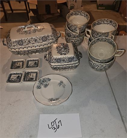 Antique Blue & White Pack Dishes, Cups, Covered Tureen & More