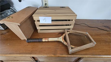 Wood Crate, Wilson Tennis Racket, Wood Newspaper Box