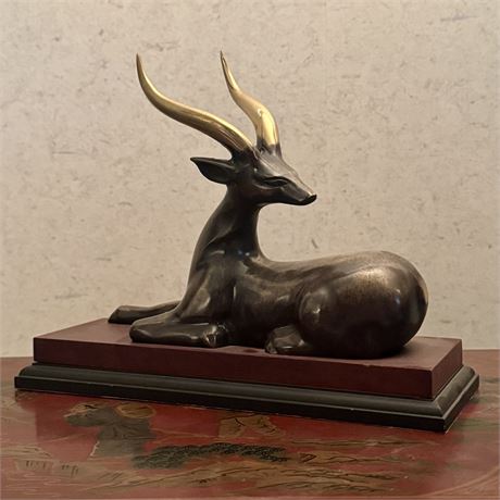 Vintage Bronze Gazelle Sculpture on Wood Base - 10.5"L x 8"T