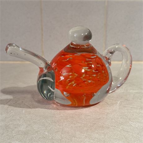 Signed Blenko Optic Teapot Shaped Art Glass Paperweight