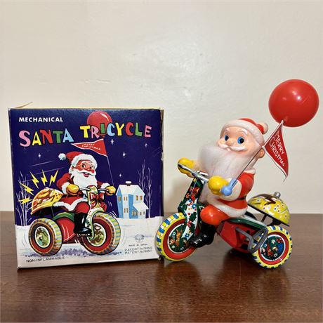 Vintage Tin Litho Santa Tricycle Mechanical Wind-Up Toy w/ Original Box