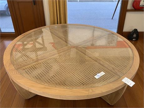Rattan & Glass Coffee Table W/Solid Wood Frame by Drew Barrymore In Warm Honey