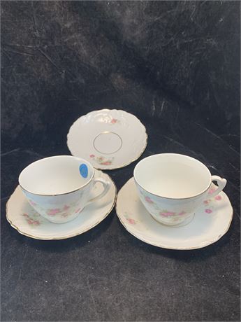 Vintage Gemini Rose German Tea Cups And Saucer Lot 2 Cups 3 Saucers