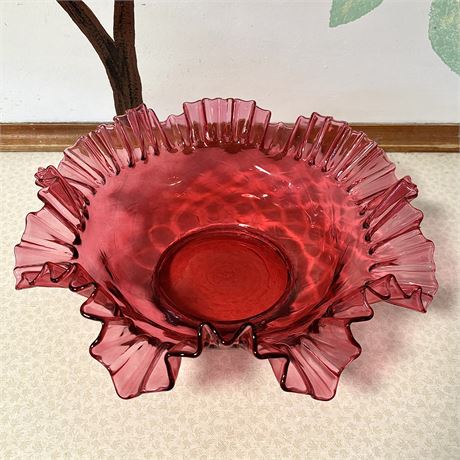 Large Fenton Cranberry Ruffled Edge Art Glass Console Bowl - 13"