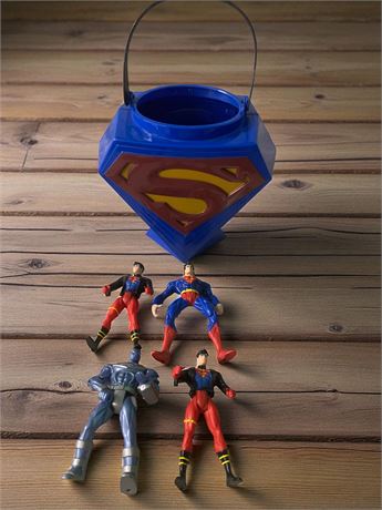 Superman Plastic Trick Or Treat Bucket W/Handle & Superman Action Figures