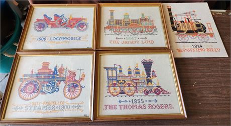 Cross Stitch Vintage Trains Framed-Handmade Set of 4 w/Bonus