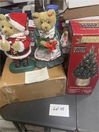 Twinkling Musical Teddies Mr & Mrs Claus & 18" Fiber Optic Christmas Tree In Pot