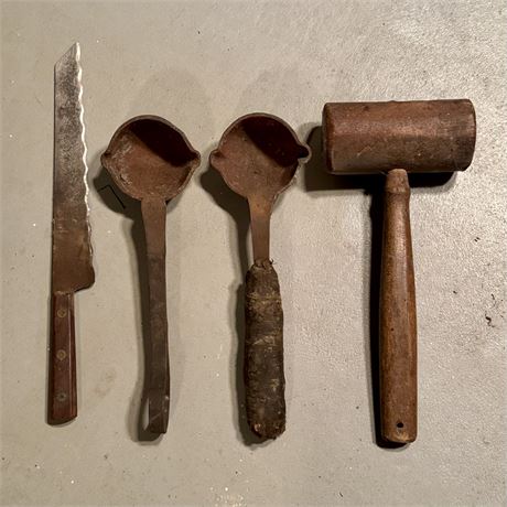 Primitive Iron Smelting Ladles, Old Knife and Mallet