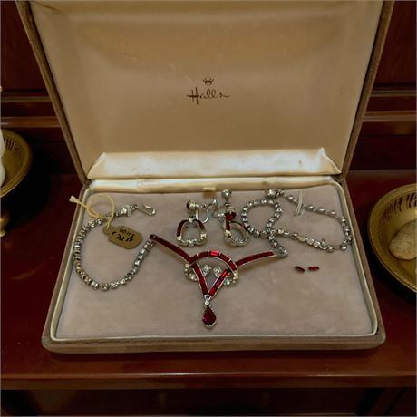 Art Deco Ruby Red & Clear Rhinestone Necklace W/Matching Screw Back Earrings