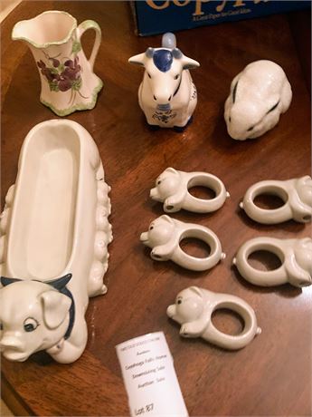 Clay Makers Pig Cracker Tray W/Piglets, White Porcelain Pig Napkin Rings
