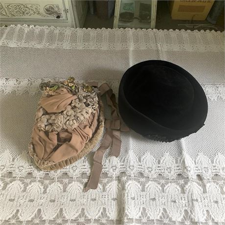 Mauve Bonnet With Ribbon Strap & Floral Accenting & Black Beaded Fascinator Hat