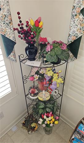 Folding Metal Corner Shelf Filled With Faux Floral Arrangement's