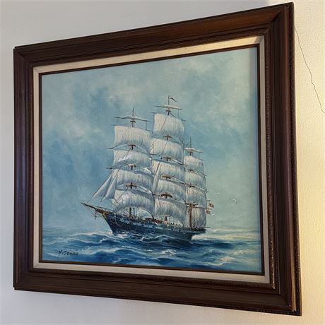Signed Y. Jones Original Ocean Windjammer Nautical Painting - 30 x 26"