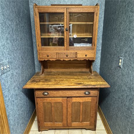 Wonderful Antique 2-Piece Wood Hoosier Cabinet