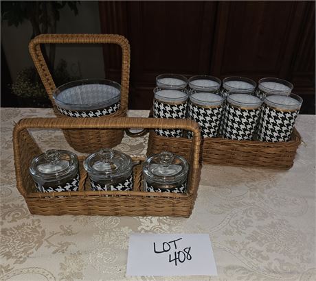 Black and White Houndstooth Pattern Barware with Gold Trim