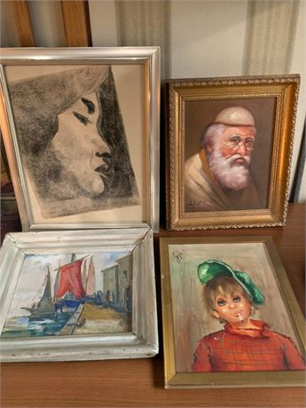 Framed Ship Oil Painting  E. Halleux, Young Woman Etching