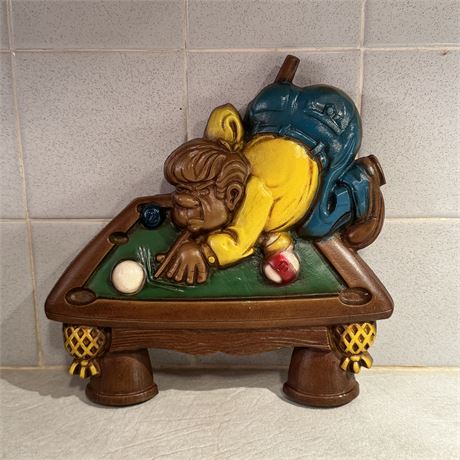 1971 Sexton USA Kitschy Metal Billiard Player Wall Plaque - 8.75 x 8.5"