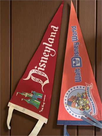 Walt Disney World and Disneyland Vintage Pennants - Lot of 2 - Dated 1968
