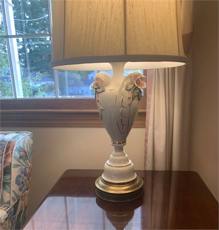 Ceramic Floral Accented Table Lamp W/Brass-Toned Metal Base & Fabric Shade