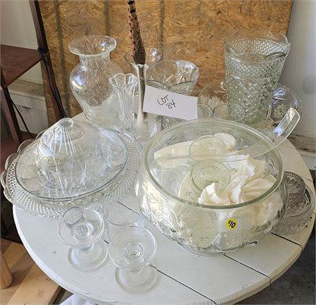 Mixed Clear Glass Lot: Domed Cheese, Platters, Bowl, Vase's & More