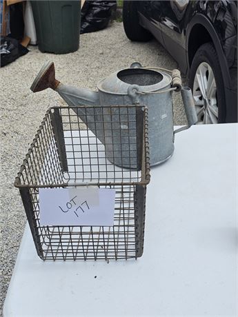 Galvanized Watering Can & Antique Metal Basket