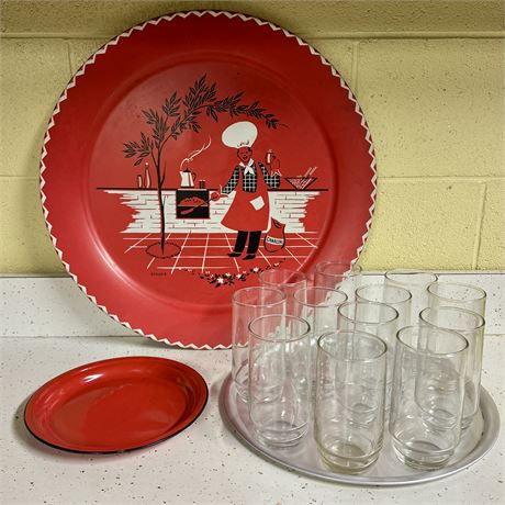 Mid-Century Aluminum Serving Trays and 12 Piece Tumbler Set