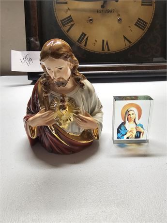Vintage Italy Sacred Jesus Bust & Glass Virgin Mary