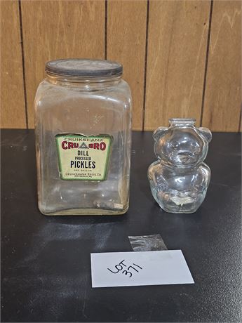 Antique Cru-Bro Pickle Jar & Glass Bear Bank