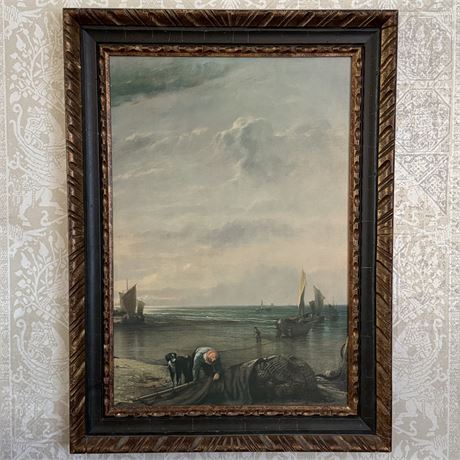 Antique Framed Moody Coastal Art Lithograph on Board - 19 x 25.5"