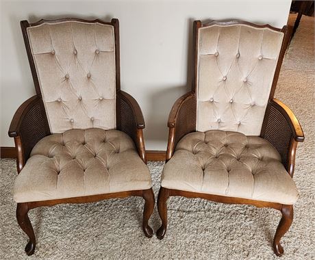 2~Beautiful Queen Anne Tufted Beige Velour Cane Sided Parlor/Arm Chairs