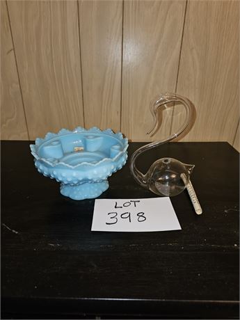 Blue Fenton Center Piece Bowl With Taper Candle Holders & Glass Bird Bud Vase
