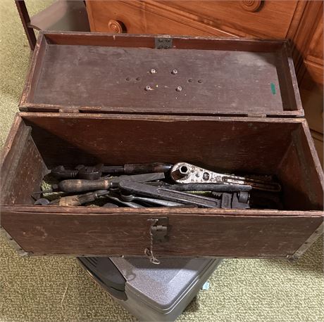 Steel Framed Wooden Toolbox Full of Vintage & Antique Tools
