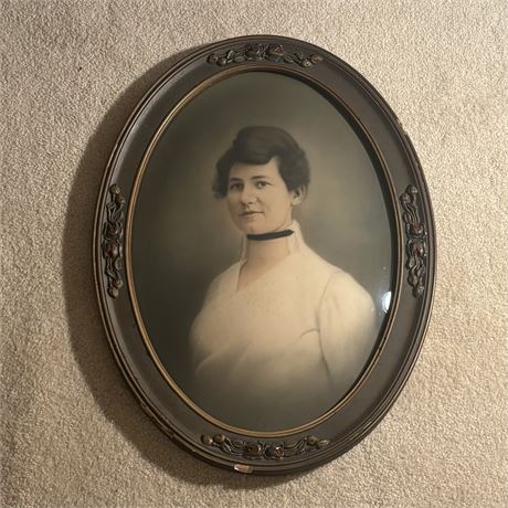 Antique Portrait in Oval Wood Frame w/ Bubble/Convex Glass - 26.5"T