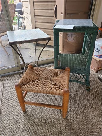 Green Wicker Plant Stand/Metal Painted Top Plant Stand/Small Wicker Foot Stool