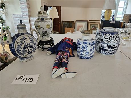 Mixed Asian Inspired Decor:Flow Blue Spouted Pot / Teapot / Lidded Urn & More