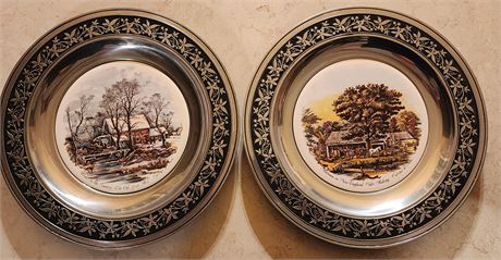 Currier & Ives Pewter/Tile Plates~ Winter & Fall