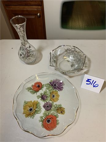 Painted Glassware Lot Plate - Vase - Bowl With Floral Patterns