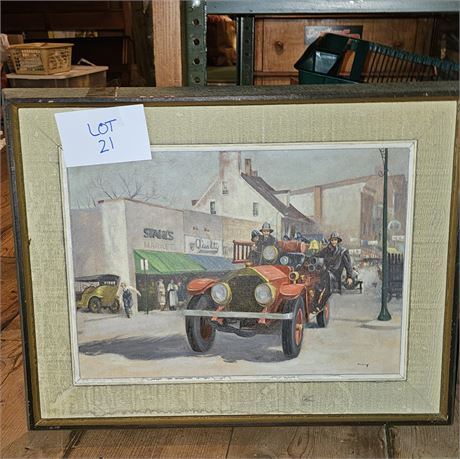 Signed Vintage Fire Truck Oil On Canvas Painting