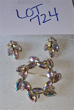 Vintage AB Rhinestone Brooch & Earring Set