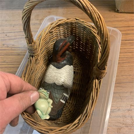 Wood Carved Duck, Frog & Wicker Basket With Handle