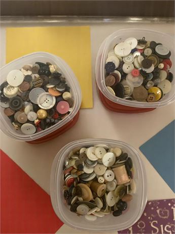 Vintage Buttons (Varying Sizes and Colors) - 3 Plastic Containers Full
